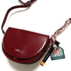 NWT Nikky by Nicole Lee Flap Crossbody Saddle Bag Burgundy Chain Strap Polka Dot